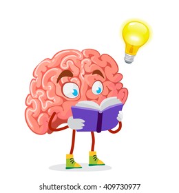 cartoon character mascot of the brain reads a purple book
