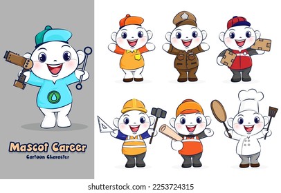 Cartoon character mascot career of different professions plumber, repairman, courier, policeman, postman, engineer, foreman, chef. Career equality concept