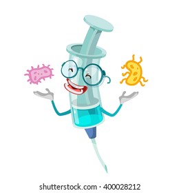 Cartoon character mascot medical syringe with glasses holding a bacteria and viruses