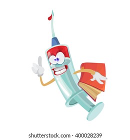 Cartoon character mascot medical syringe that holds the red book in his hand