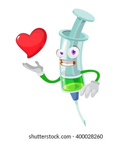 Cartoon character mascot medical syringe which is holding a red heart