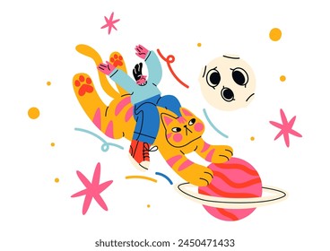 Cartoon-Charakter-Maskottchen auf einer fliegenden Raumkatze. Vektorgrafik Doodle Illustration. Planeten, Raum, Universum, groovige Zeichnung, abstrakte Seitenlandschaften