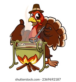 cartoon character mascot of a turkey cooking soup in a stove over a campfire wearing a pilgrim hat while giving a thumbs up