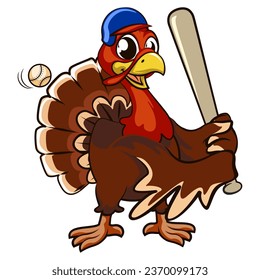 cartoon character mascot of a turkey playing baseball as a hitter