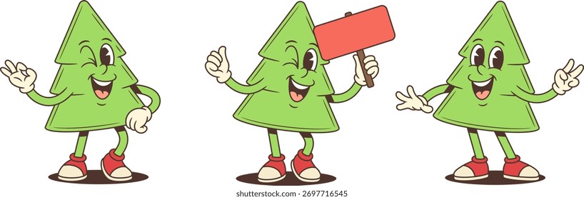 Cartoon character mascot vector illustration of a cheerful Christmas tree in three poses making OK gesture holding red sign and showing victory sign festive holiday celebration concept