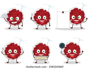 Cartoon character of mashed cranberry with various chef emoticons. Vector illustration
