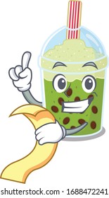 cartoon character of matcha bubble tea holding menu ready to serve