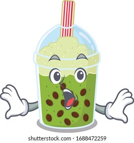 A cartoon character of matcha bubble tea making a surprised gesture