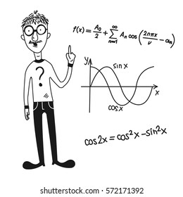Cartoon character and mathematical symbols.Vector.