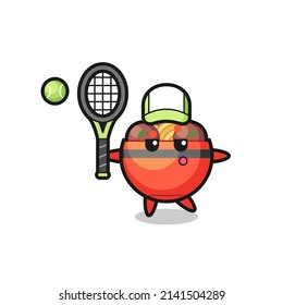 Cartoon character of meatball bowl as a tennis player , cute design