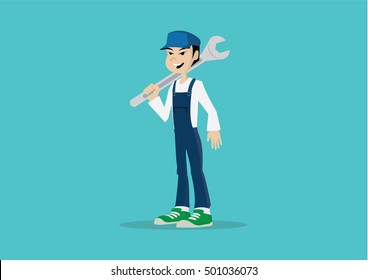 Cartoon character, Mechanic holding huge wrench., vector eps10