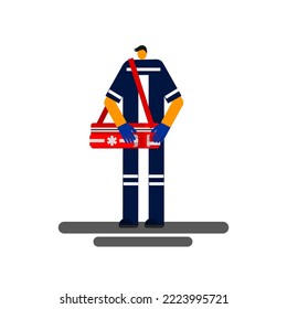 Cartoon character of a medical care provider with a first aid kit.