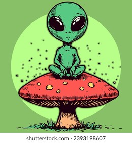 Cartoon character of a meditating alien sitting on top of a trippy psychedelic mushroom. Green humanoid on a fungus doing yoga