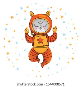 Cartoon character. Meditation bunny astronaut among stars. Hand drawn vector grain effect illustration.
