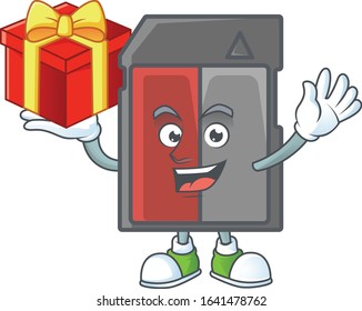 cartoon character of memory card with a box of gift