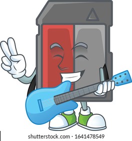 A cartoon character of memory card playing a guitar