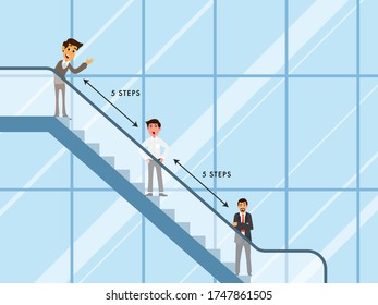 Cartoon Character of Men stand keeping distance to 5 steps on stairs to protect from Coronavirus.