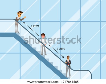 Cartoon Character of Men stand keeping distance to 5 steps on stairs to protect from Coronavirus.