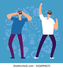 Cartoon character men with virtual reality glasses vector illustration. Reality glasses, game and headset futuristic