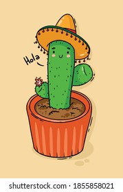 Cartoon character mexican cactus in sombrero