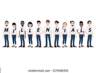 Cartoon character with Millennial generation people group. Young men and women standing together in white T-shirt and blue jean casual ,flat icon design vector