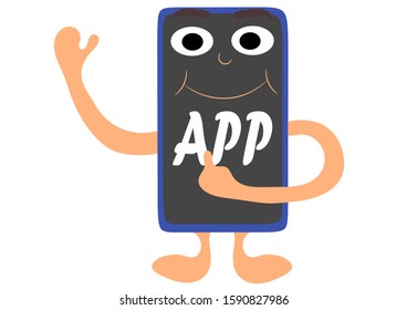 Cartoon character mobile or smartphone poiting on itself as app is available.