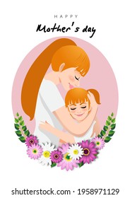 Cartoon character with Mom and daughter embrace in flower wreath. Mother s day background. Isolated design on white background. Vector illusrtation