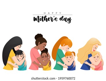 Cartoon character with mom and daughter embrace. Mother s day background. Diverse family Isolated design on white background. Vector illusrtation