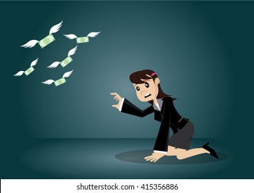 Cartoon character, money flies away from Business woman., vector eps10