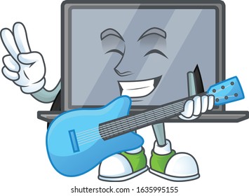 A cartoon character of monitor playing a guitar