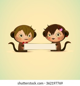 cartoon character monkey girl and boy with hearts illustration/ Valentine's day, monkey vector Icon/ drawing, character/ kids, baby background. vector/ Greeting card for Valentine's Day little monkeys