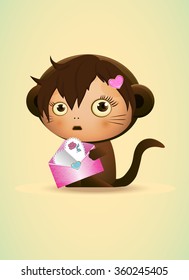 cartoon character monkey girl with hearts vector illustration/ Valentine's day, monkey vector Icon/ drawing, character/ kids, baby background. vector/ Greeting card for Valentine's Day little monkey.