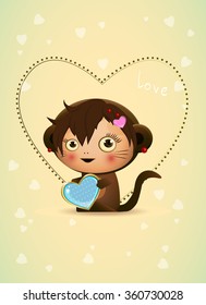cartoon character monkey girl with hearts vector illustration/ Valentine's day, monkey vector Icon/ drawing, character/ kids, baby background. vector/ Greeting card for Valentine's Day little monkey.
