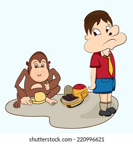 Cartoon character of a monkey having the lunch of school boy.