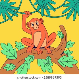 Cartoon character monkey sitting on a branch tree and holding to the leaf in vector hand drawn illustration style for educational materials, and family-friendly brands