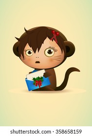 cartoon character monkey/ year of the monkey/ New Year, monkey vector Icon/ drawing, character/ the little cute monkey is holding a greeting card / kids, baby background. vector