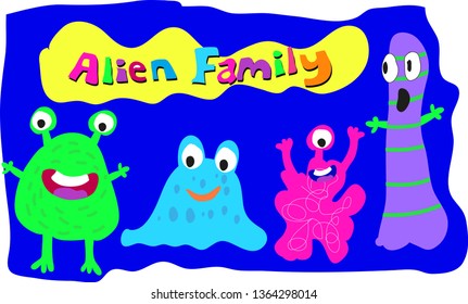 Cartoon character monster and alien family vector illustration