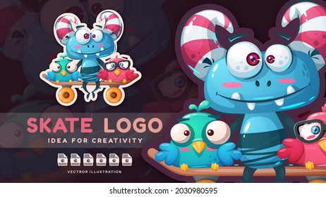 Cartoon character monster and bird.