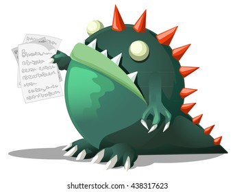 Cartoon character monster holding papers, vector illustration, horizontal, isolated, over white
