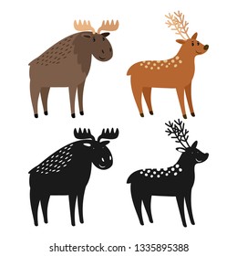 Cartoon character moose and deer and animal silhouettes vector illustration. Silhouette of deer and elk, reindeer and moose