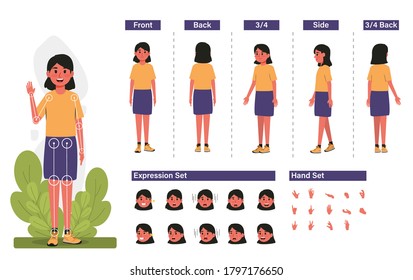 Cartoon character for motion design Free Vector, Base Character Female, Front, side, back view animated character. woman character creation set with various views, hairstyles, face emotions, poses 