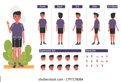 Cartoon Character For Motion Design Free Vector, Base Character Boy, Front, Side, Back View Animated Character. Boy Character Creation Set With Various Views, Hairstyles, Face Emotions, Poses