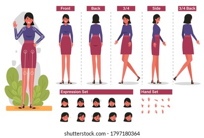 Cartoon character for motion design Free Vector, Base Character Female, Front, side, back view animated character. woman character creation set with various views, hairstyles, face emotions, poses 