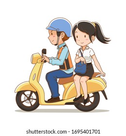 Cartoon Character Of  Motorbike Taxi Rider And The Girl Riding Pillion On A Motorcycle Taxi.