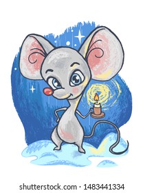 Cartoon character mouse. Vector illustration. Little mouse stands with a candle in his hand against the night sky. Winter illustration. Pencil texture.