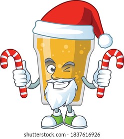 Cartoon character of mug of beer as a Santa having candies. Vector illustration