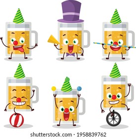 Cartoon character of mug of beer with various circus shows