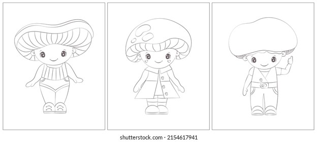 Cartoon character mushroom coloring page. Set of 3 pages for a coloring book. Cute animal vector illustration in black and white. Outlines of animals for coloring pages for girls and boys.
