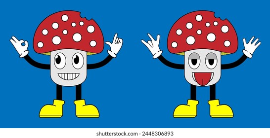 Cartoon character, mushroom, illustration design, retro, pose, hands, fly agaric, red, cartoon, sticker, vector illustration, 10EPS