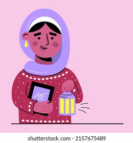 cartoon character muslim happy girl in hijab holding quran and light for iftar celebration. Ramadan Kareem vector illustration. Young beautiful woman from UAE or Saudi Arabia